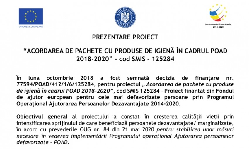 ACORDAREA DE PACHETE CU PRODUSE DE IGIENĂ ÎN CADRUL POAD  2018-2020